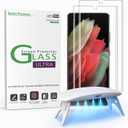 amFilm 3D Curved Screen Protector for Galaxy S21 Ultra 5G 6.8 Inch, Fully Compatible with UltraSonic Fingerprint Scanner, UV Gel Application, Tempered Glass, 2 Pack