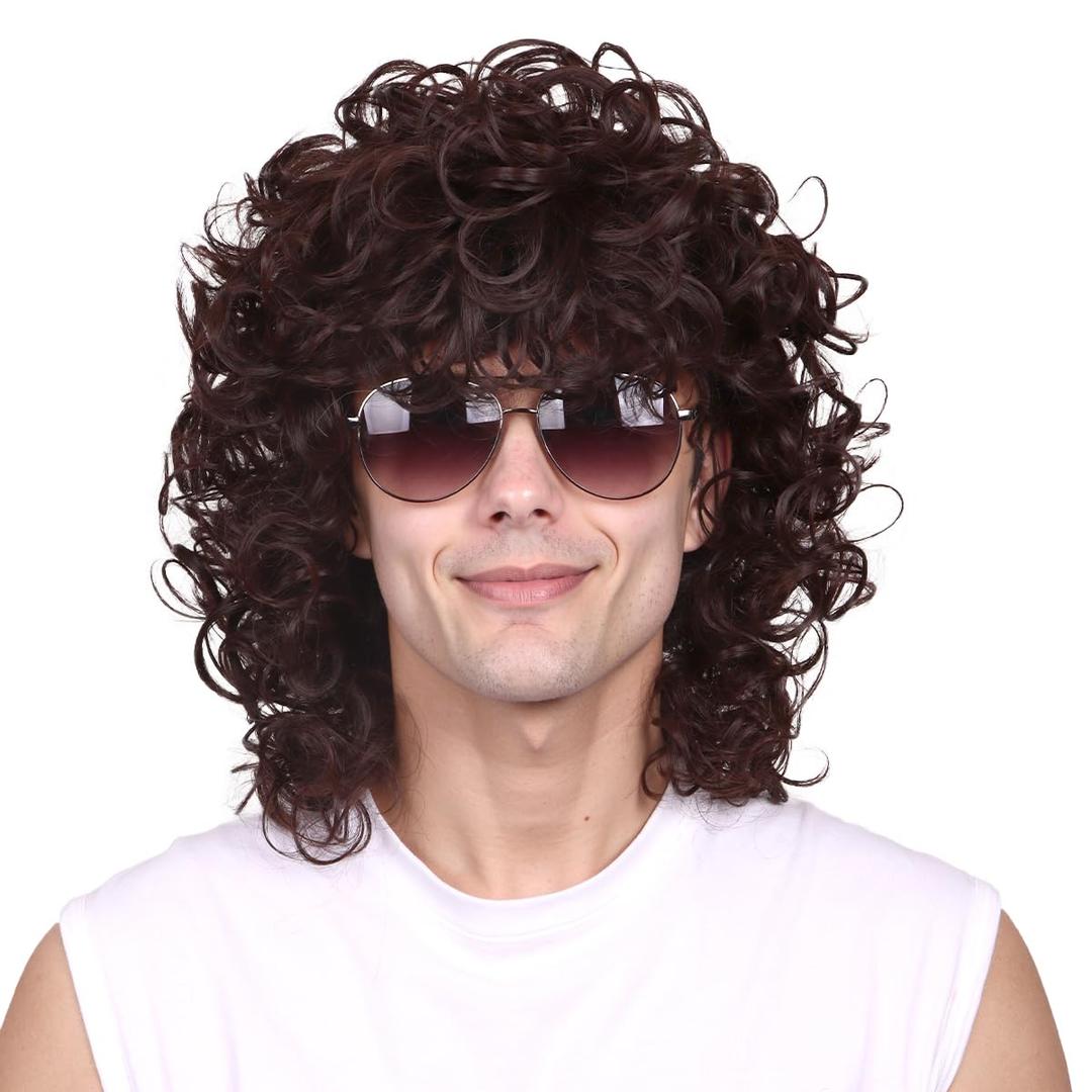 FantaLook Short Curly Brown Halloween Cosplay Wig for Men (black)