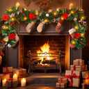 Christmas Garland with Lights, Pre-lit 9ft Christmas Decorations with 50 Warm White LED Lights, Berries, Balls, and Red Flower for Door, Stairs, Railing, Indoor, Outdoor, Battery Operated