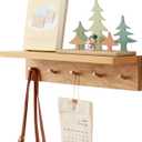 Wall Hooks with Shelf Oak Wood Coat Rack Shelf Wall Mounted, Entryway Shelves with 5 Metal Hangers for Clothes Hats Towel for Bathroom, Bedroom, Living Room (Natural, 20 inches)