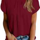 Dokotoo Women's Casual Round Neck Basic Pleated Tops Short Sleeve Loose Fit Curved Back Chiffon Blouses T-shirts (X-Large, Burgundy)