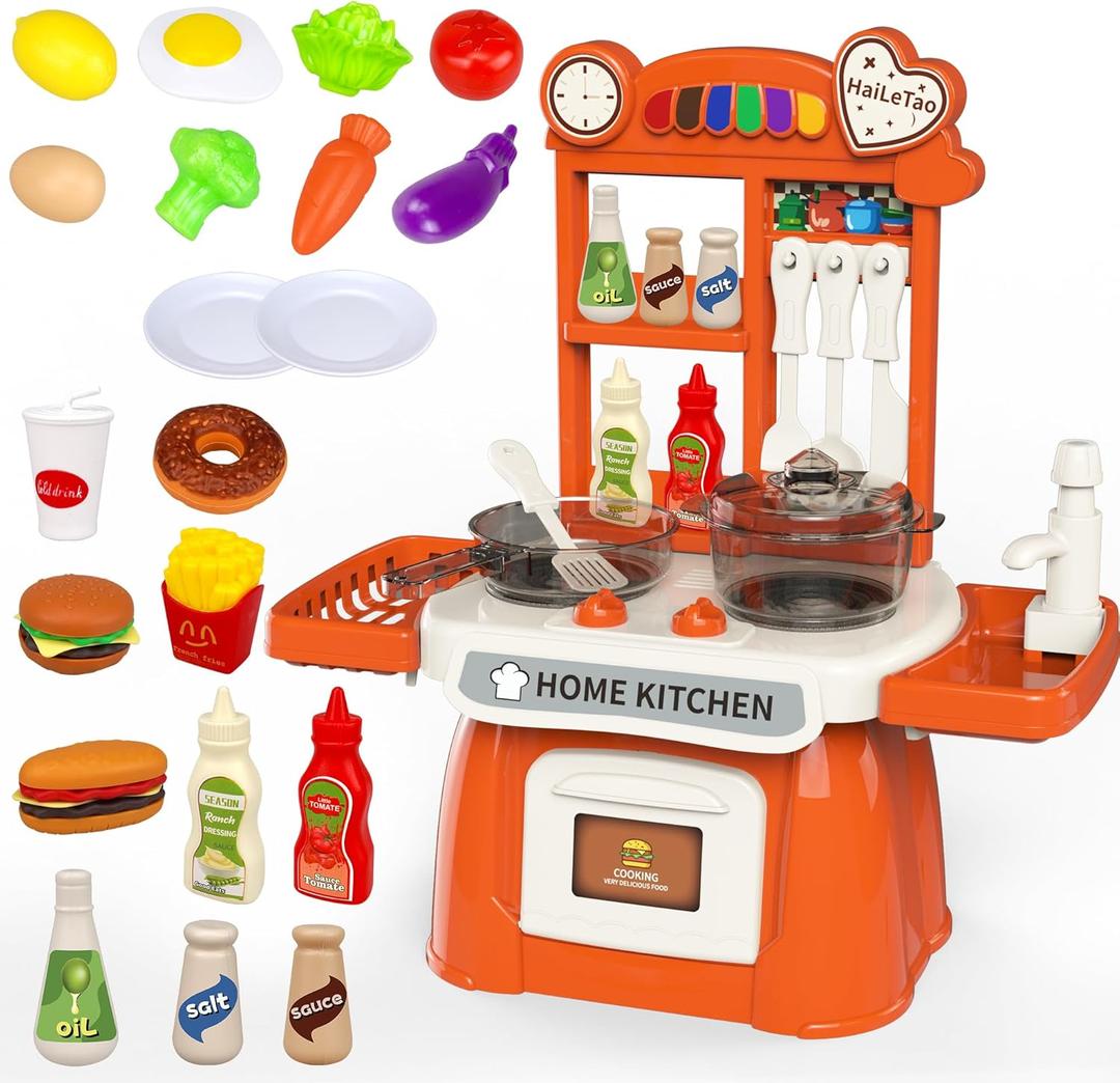 Kitchen Set for Toddler with Sound and LightPretend Cooking Food Set,Kids Kitchen PlaysetPlay Sink with Running Water and Electronic Induction StoveKitchen Accessories (red Kitchen and More Food)