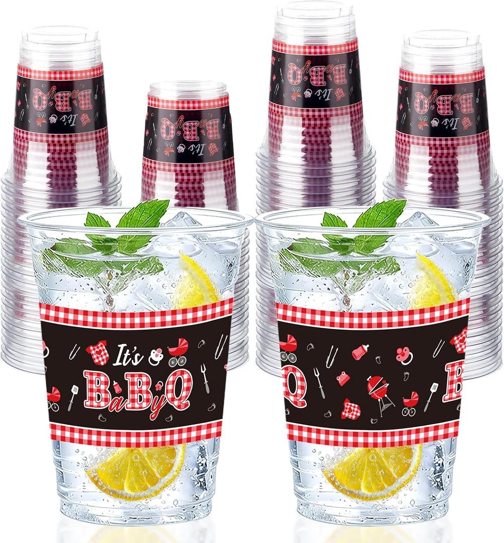 100 Pcs BBQ Baby Shower Plastic Cups 16 oz Disposable BBQ Summer Rustic Barbecue Plastic Cups with It's A BabyQ for Picnic Baby Shower Gender Reveal Party Supplies Beverage Drinking