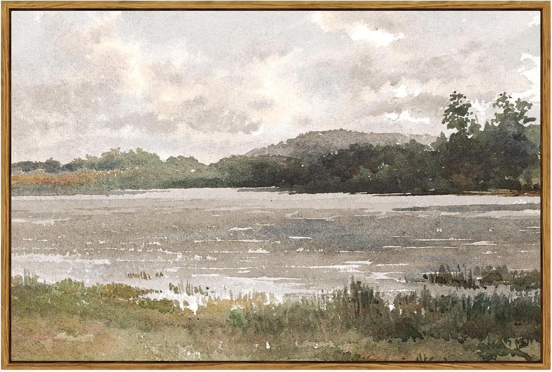 VIYYIEA Vintage Nature Large Framed Wall Art, Lakeside Landscape Paintings Art Decor Aesthetic, Canvas Print Artwork, Retro Scenery Wall Pictures for Bedroom Bathroom Office 24X36 Inch
