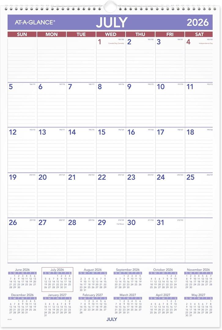 AT-A-GLANCE Wall Calendar 2026-2027 Planner, Academic 12-Month July-June, Monthly, 15-1/2" x 22-3/4", Ruled Daily Blocks (AY328), 15.5"W x 22-3/4"H