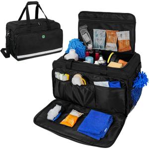 Large Car Detailing Bag, Cleaning Caddy for Auto Detailing Supplies, Car Cleaning Storage Trunk Organizer for Polisher and Vehicle Wash Tools, Black (L(16.5*10.5*12.7in))