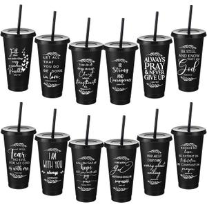 Havawish Inspirational Christian Gift Bible Verse Tumbler Bulk 24 oz Drinking Tumblers with Lid Straw Religious Plastic Cup for Women Men Bible Study Group Sunday School Church (Black, 4 Pack)