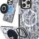 for iPhone 15 Pro Case for Women - Girls Kawaii Design Compatible with Magsafe Magnetic Ring Holder Stand Line Flower Phone Covers Aesthetic Girly TPU Funda for 15 Pro