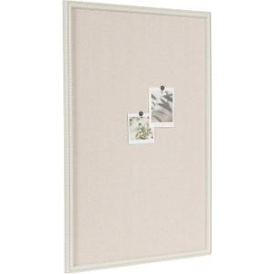 Kate and Laurel Makenna Rectangle Framed Linen Fabric Pinboard; 24 x 36; Soft White; Traditional Beaded Bulletin Board for Vintage Home Wall Organization or Aspirational Vision Board