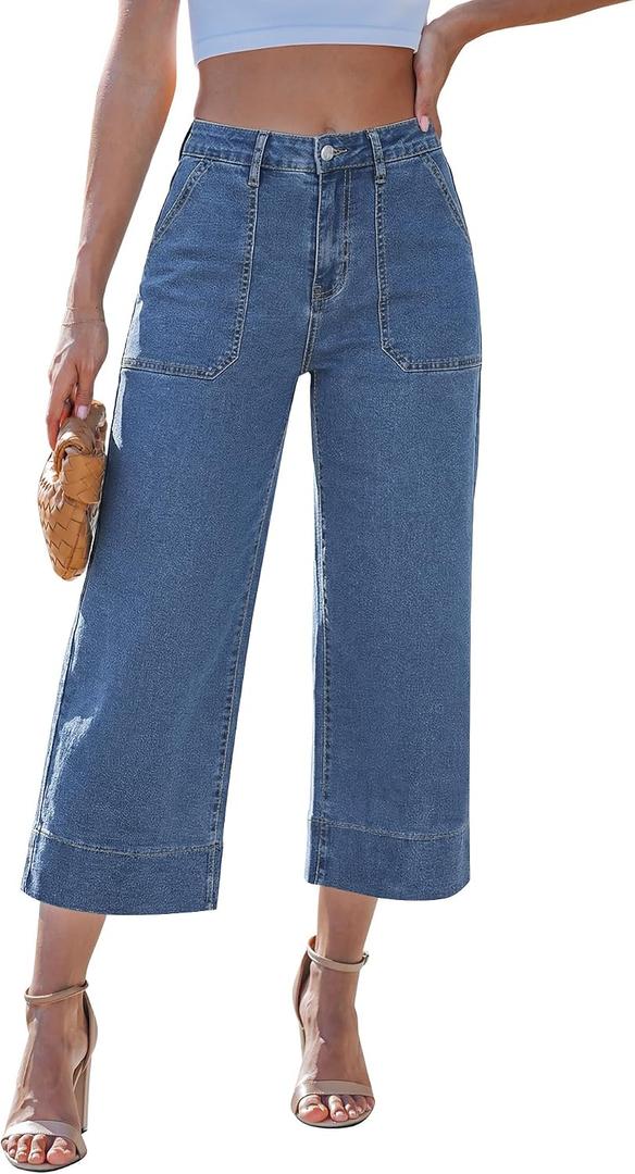 LookbookStore Capri Jeans for Women Wide Leg Trendy High Waisted Baggy Straight Casual Summer Stretch Denim Capris Pants, Size L