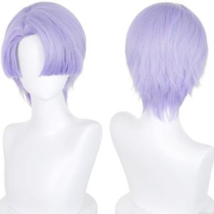 Half and Half Polyester Cosplay Wig Short Light Purple Anime Wig with Bangs Purple Side Part Synthetic Hair for Men Women Halloween Party