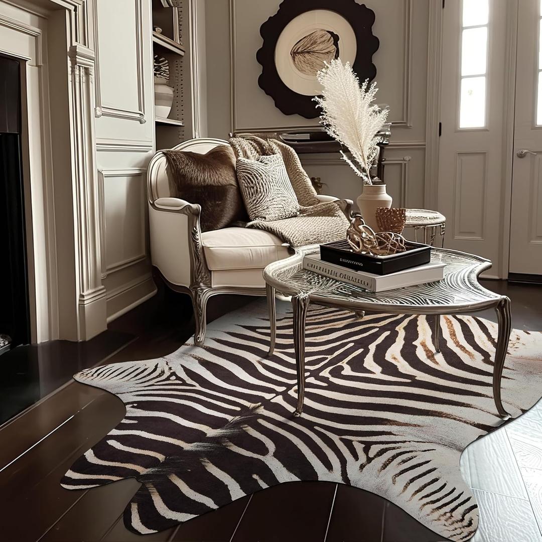 jinchan Zebra Print Area Rug Faux Skin Cowhide Animal Design Mat Faux Suede Indoor Floorcover for Bedroom Living Room 5x6 Safari Design (Black,white)