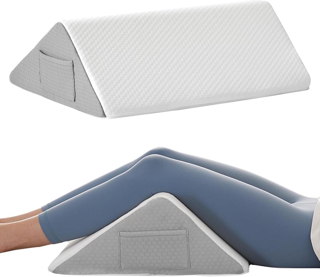 BIEEZZK Knee Wedge Pillow for Pain Relief - Memory Foam Leg Elevation Pillow for Post-Surgery Recovery, Sciatica, Hip & Back Support - Knee Wedge for Sleeping, Ankle & Joint Care, White/Grey