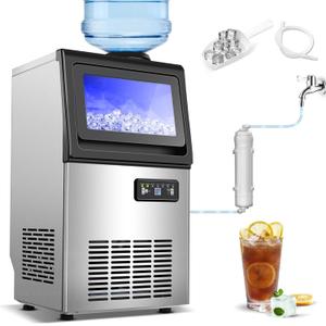 Amzgachfktch Commercial Ice Maker, 110lbs/24H Under Counter Ice Maker with 2 Water Inlet, Ice Maker Machine with 22lbs Storage, Auto Self-Cleaning, Freestanding Ice Machine for Home Office Bar
