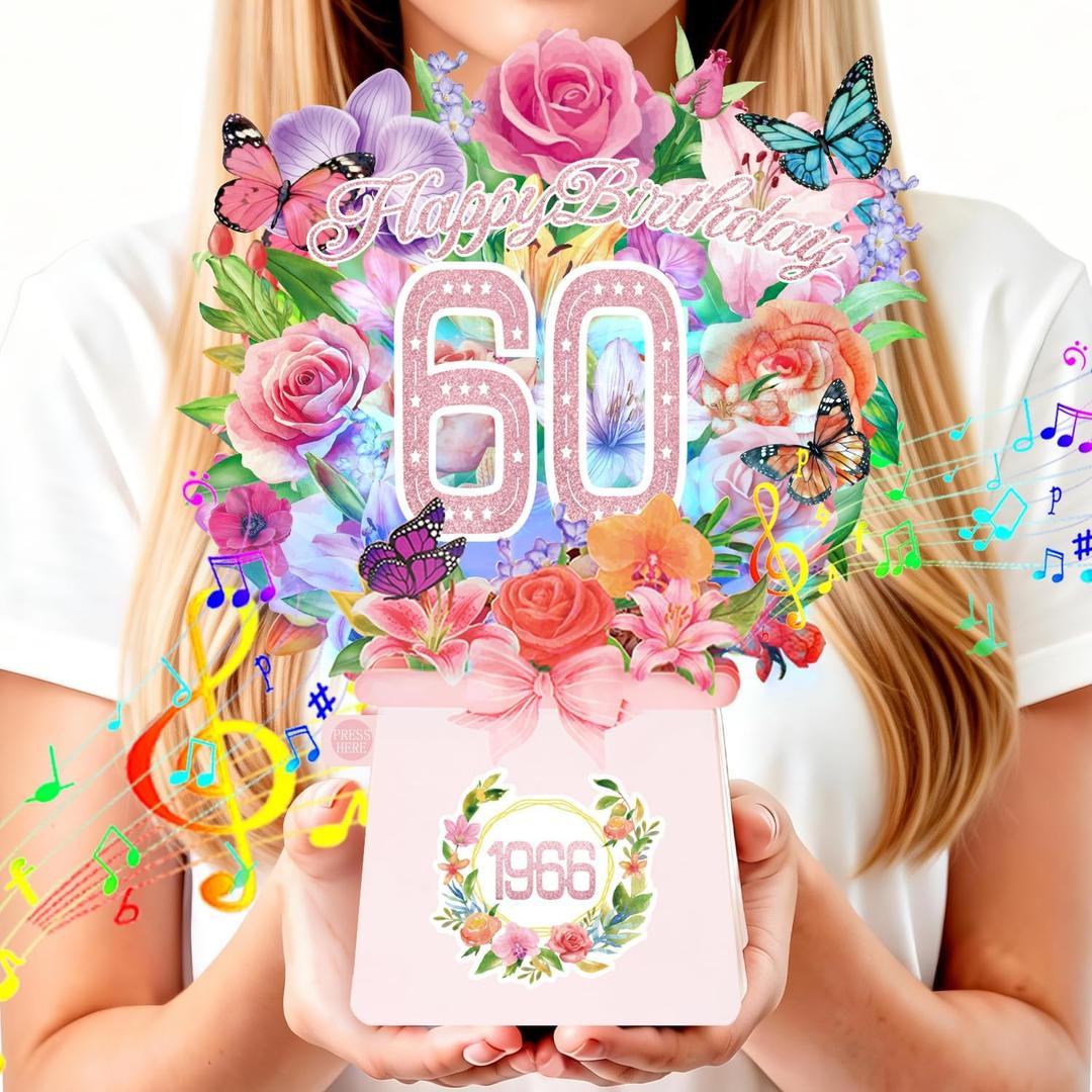 60th Birthday Cards, Light and Music 60 Years Old Happy Birthday Card, Rose Lily Orchid and Butterflies, 10 Inch Forever Flower Bouquet 3D Pop Up 1966 Birthday Gift Card for Women Wife Mom Grandma