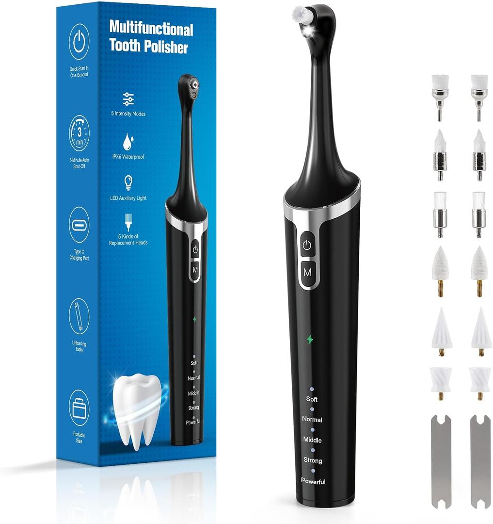 Tooth Polisher Rechargeable Teeth Whitening Kits for Teeth Daily Cleaning and Whitening Dental Polisher with 2 Set Polishing Brush Heads LED Light 5 Speed Modes Waterproof