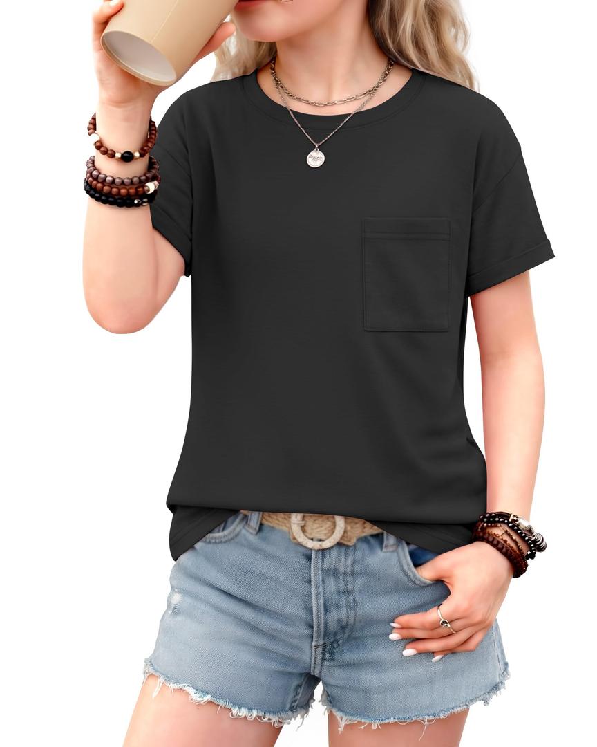 3 x VhicPlevo Girls Short Sleeve T Shirts Kids Summer Crew Neck Tops with Pocket Rolled Cuffs Loose Fit Casual Tees 5-14 Years(13-14, 11-12Y Years,Black, Yellow, (Mix Colors)