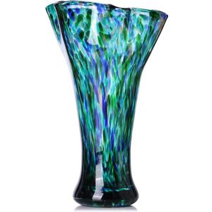 9.8" Tall Teal Blue Hand Blown Glass Vases for Home Decor,Modern Wide Mouth Ruffle Flower Vase Table Centerpieces,Colored Coastal Sea Glass Art for Bookshelf,Bathroom,Counterto,Wedding