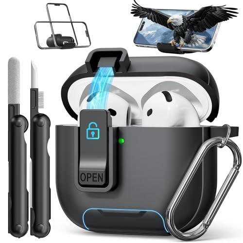 Pack Of 2 Compatible with AirPods 4th Generation Case with Phone Stand & Cleaning Kit,Magnetic Automatic Lock for Airpods 4 with Active Noise Cancellation Charging Cover(Black)