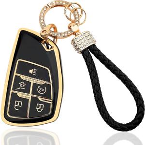 OLLEN Soft TPU Key Fob Cover, Fit for 2021-2025 2026 GMC Yukon Denali Sierra, for Chevy Silverado Suburban Tahoe Buick, Full Protection Remote Key Case with Bling Keychain, 5 Button, Black