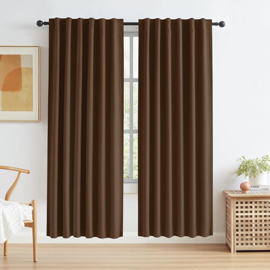 KEQIAOSUOCAI Full Blackout Curtains Faux Linen Poyester Fabric Back Tab Rod Pocket Hook Belt Style Noise Reducing Thermal Insulated Drapes 2 Panels 50 by 72 Inches Long Dark Brown