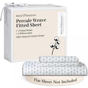 King Size Fitted Sheet with 18" Deep Pockets, No Flat - Percale Weave Natural - Breathable 100% Cotton Printed Bedding, 1 Fitted Sheet + 2 Pillowcases - Grey Ida Print