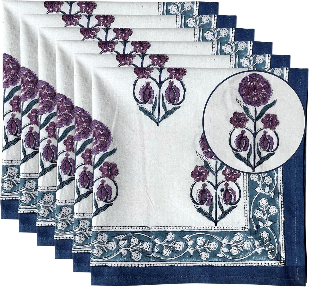 Hand Block White Cloth Napkins Set of 6  Elegant Cotton Napkins for Dinner, Weddings, Reusable Everyday Use  Decorative Floral Napkins Everyday for Kitchen & Home Decor (6, Purple, 18X18 Inches)