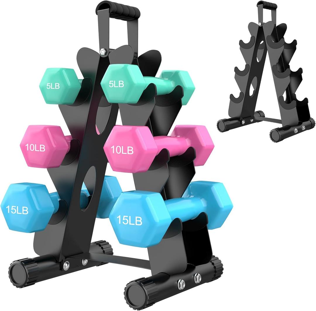 AmazeFan 3-Tier Dumbbell Rack Stand Only, A-Frame Design Weight Rack with Handle, Weights Metal Strength Training Dumbbells Storage Rack for Home Gym Space Saver (Dumbells not Included)