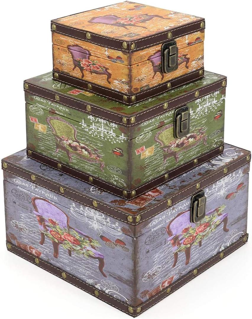 Jolitac Wood Storage Box Set of 3, Vintage Decorative Nesting Boxes Wooden Treasure Storage Crates With Latch, Home Decor Rustic Antique Boxes With Lid for Photos, Jewelry, Cash (Chair)