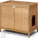 Cat Litter Box Enclosure Furniture, Hidden Handwoven Rattan Litter Box with Mat, Large Cat House with Metal Heightened Feet, 30.3 x 18.3 x 28 Inches, Indoor for Living Room, Bedroom Natural