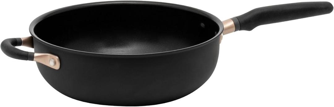 Meyer Nonstick Chef's Pan, 4.5 quart / 10" Induction Compatible Deep Chef Pan, Hard Anodized Nonstick, Dishwasher Safe, Oven Safe, Matte Black with Silicone Handles, Accent Series Cookware, 10 inch, 4.2 Quarts