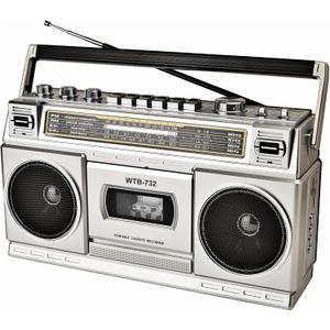 Retro Classic 80s Style Portable Boombox with Cassette Player Recorder, AM/FM/SW1/SW2 Radio, Bluetooth, USB/Micro SD Slots, Headphone Jack, 24W Dual Full-Range High Bass Speakers (Sliver)