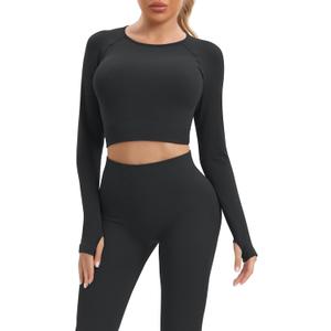 Women Workout Sets 2 Pieces Long Sleeve Seamless Yoga Outfits Gym Clothes, Small