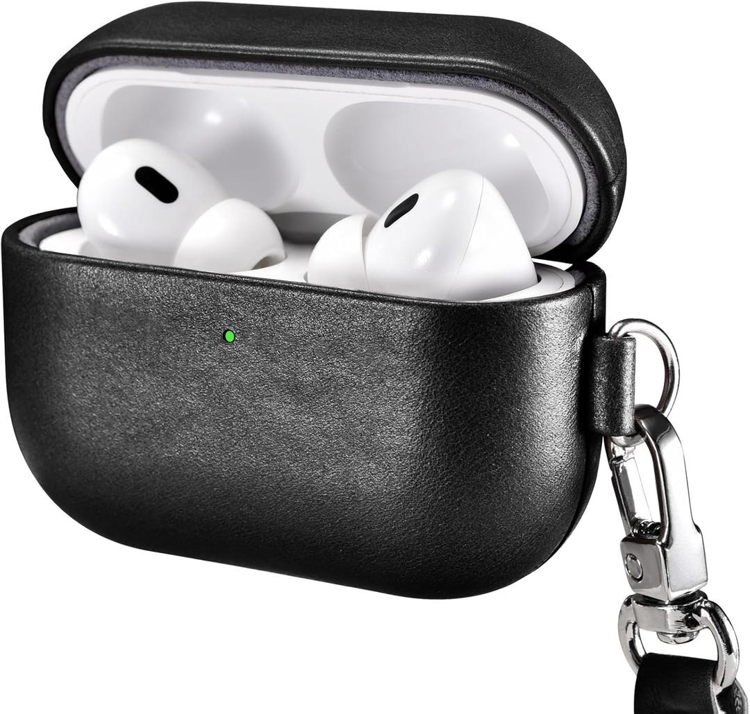 ICARER AirPod Pro 3 Case with Strap, 100% Geniune Leather Case, Handmade Top Grade Vintage Cover, Shockproof Protective Wireless Charging Cover, Compatible with AirPod Pro 3 2025 Model (Black)