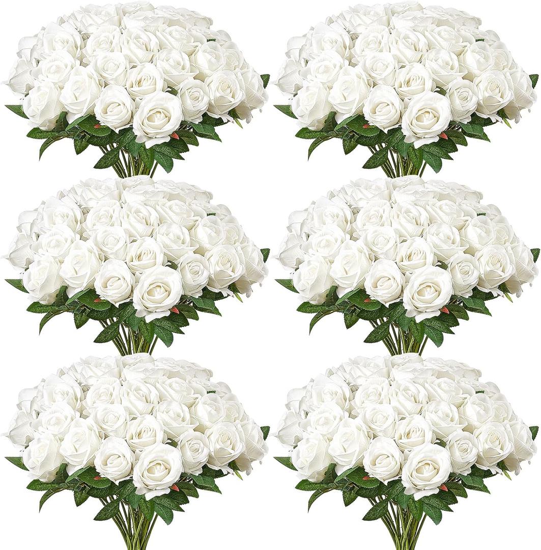 VEVOR Artificial Flowers, 120 pcs Real Looking White Foam Fake Roses Bulk, White Faux Bridal Shower with Stems for DIY Wedding Bouquets, Home Centerpieces Arrangements, Party Tables Decorations