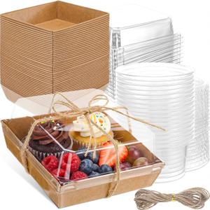 Vesici 153 Pieces Small Charcuterie Boxes with Clear Lids 4.72 Inch Kraft Paper Mini Charcuterie Box, 2 oz Plastic Containers for Dessert Sauce Sandwich Cookie Sushi Cake Slice Strawberries
