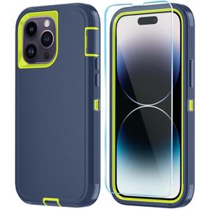 Phone Case for iPhone 14 Pro Case with HD Screen Protector, Heavy Duty Shockproof & DustProof & Dropproof 3-Layer Cover Phone Case for iPhone 14 Pro (6.1'') (DarkBlueGreen)