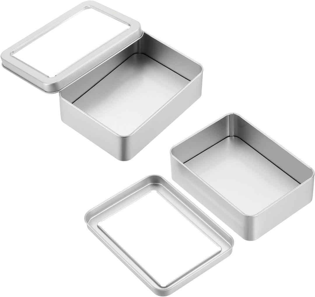 PATIKIL 2 Pcs Metal Tin Box, 5.1 x 3.7 x 1.5 Inch Rectangular Storage Tin Box with Lid Portable Tinplate Container with Window for Home Organizer Crafts Gifts Keys Cookies Cards Storage