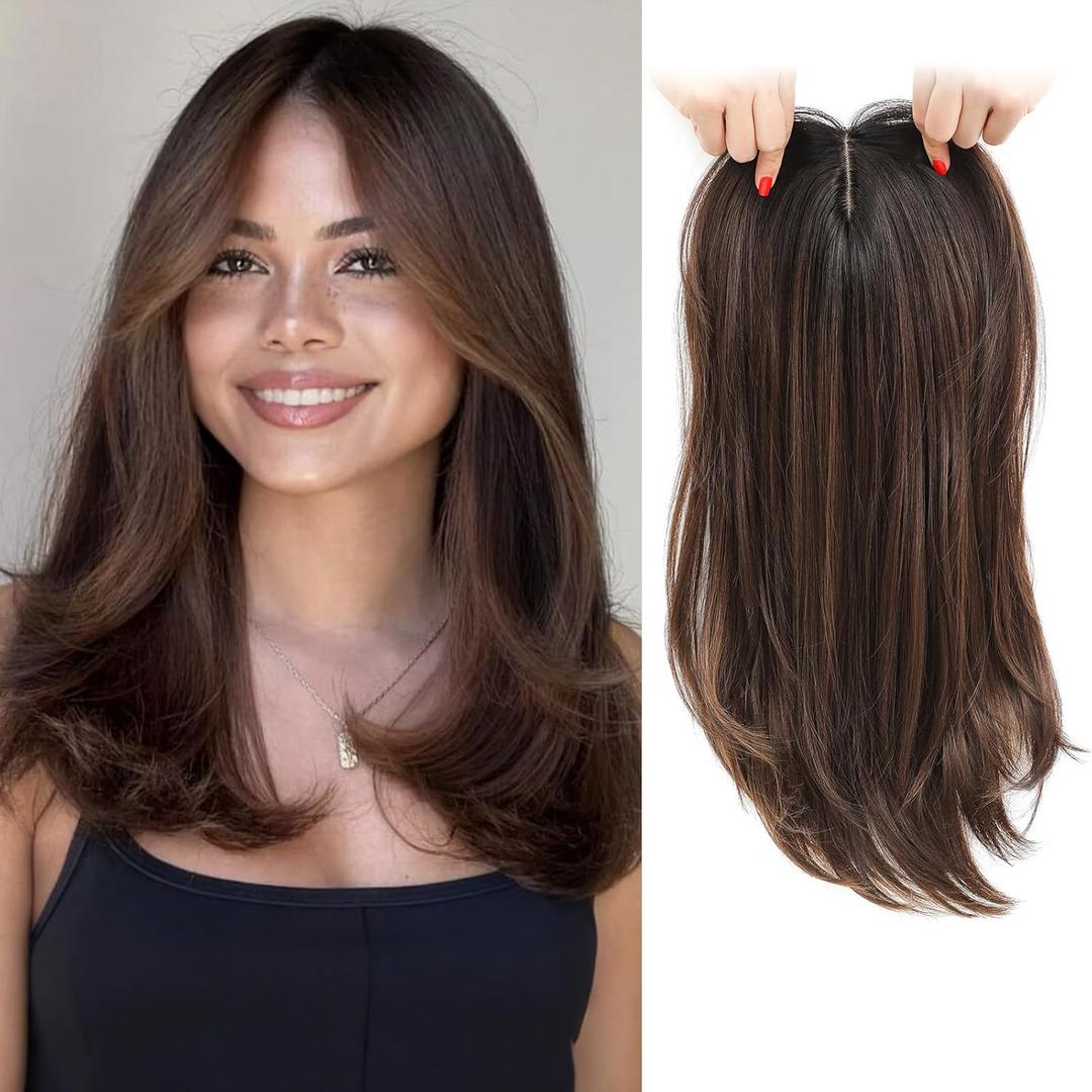Molefi Hair Topper,16 Inch Full-End Toppers for Women with Thinning Hair,Add Volume Synthetic Wiglets Pieces For Women 6.5"6.5" Large Base for Daily UseDark Brown with Chestnut Hidhlights
