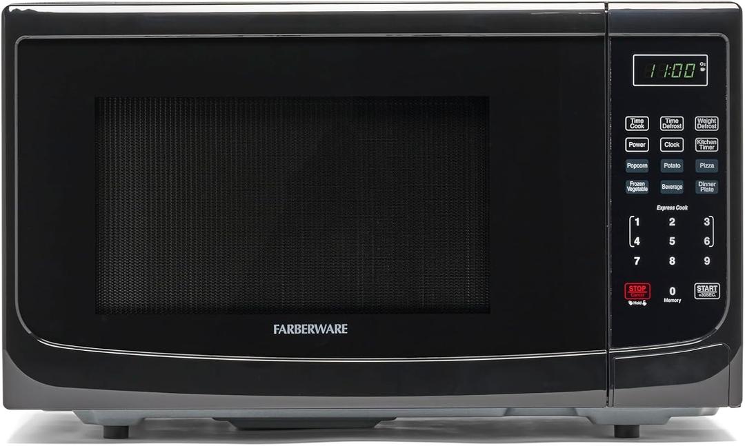 Farberware FM11BKA Compact Countertop Microwave Oven 1.1 Cu. Ft. 1100-Watt with LED Lighting, Child Lock, Easy Clean Grey Interior, Black