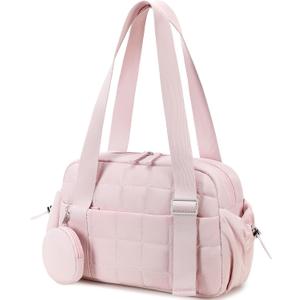 CAMTOP Mini Gym Bag for Women, Small Gym Tote Bag Puffy Quilted Sports Duffel Bag with Wet Compartment and Coin Purse Duffel Bags Dance Yoga Workout Bag for Gifts (All Coral Pink, Mini-12.6")