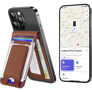 TopMade for MagSafe Wallet Stand with Money Clip, Works with Apple Find My, Magnetic Wallet for iPhone 17/16/15/14/13/12 Series, for iPhone Wallet with Finder Tracker, Brown(Gray Elastic Band)