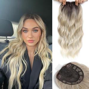 Hair Topper, 360 3D Hair Toppers for Women with Thinning Crown, 20 Inch Long Wavy Curly Hair Pieces Clip in Bangs (Ombre Light Blonde with Dark Root, 20 inch, Side Bangs)