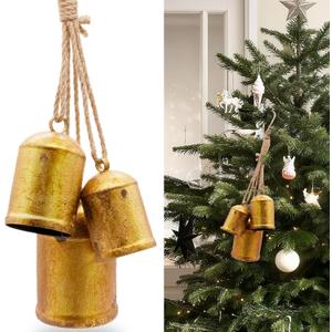 Christmas Bells for Decoration, Decorative Bells, Set of 3 Harmony Cow Bells, Metal Vintage Handmade Rustic Hanging Bells with Jute Hanging Rope, Gold