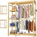 Homykic Bamboo Clothes Rack Garment Rack for Hanging Clothes, Heavy Duty Clothing Rack with 7 Tiers Adjustable Shelves, Double Rods, 4 Hooks, Freestanding Closet System Organizer Wardrobe, Natural (II Medium)