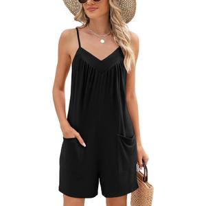 Rapbin Womens Summer Casual Sleeveless Rompers Spaghetti Strap Adjustable Loose Shorts Jumpsuit with Pockets (Large, 01-Black)