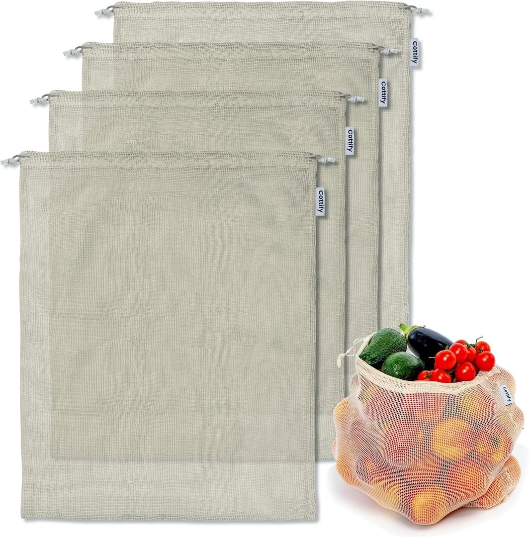 4-pack Reusable Produce Bags Grocery Washable XL, Organic Cotton Mesh Produce Bags Double-Stitched Vegetable Grocery Reusable, Tare Weight, Cotton Produce Bags Reusable Washable, Produce bgs XL (Natural)