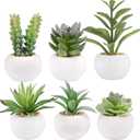 GREENTIME 6 Pcs Green Artificial Succulent Plants in Mini White Ceramic Pots Small Fake Succulent Plant Faux Indoor Decor Bedroom Desk Bathroom Office Living Room Table Shelf Home Decoration