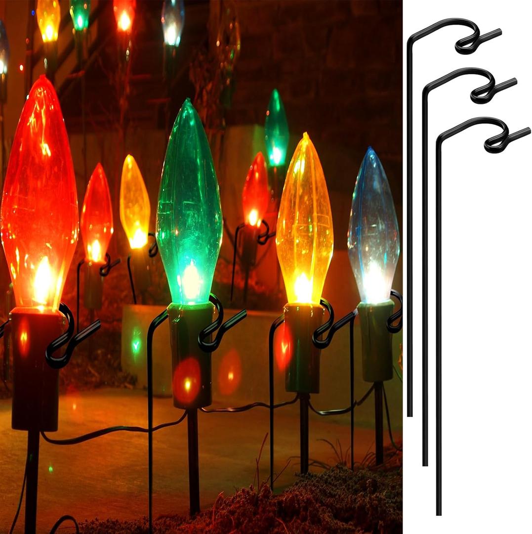 Ferraycle 24 Pack 10 Inches Christmas Light Stakes Metal Yard Lawn Tall Outdoor Christmas Light Stakes for Outside Yard Universal Xmas Pathway Lights on Yards(Black)