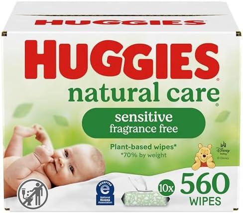 Huggies Natural Care Sensitive Baby Wipes, Unscented, Hypoallergenic, 99% Purified Water, 9 Flip-Top Packs (560 Wipes Total)